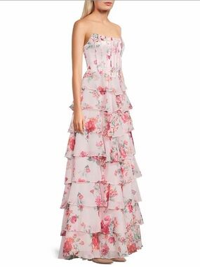 B Darlin Strapless Pink Floral Tiered Ruffle Gown